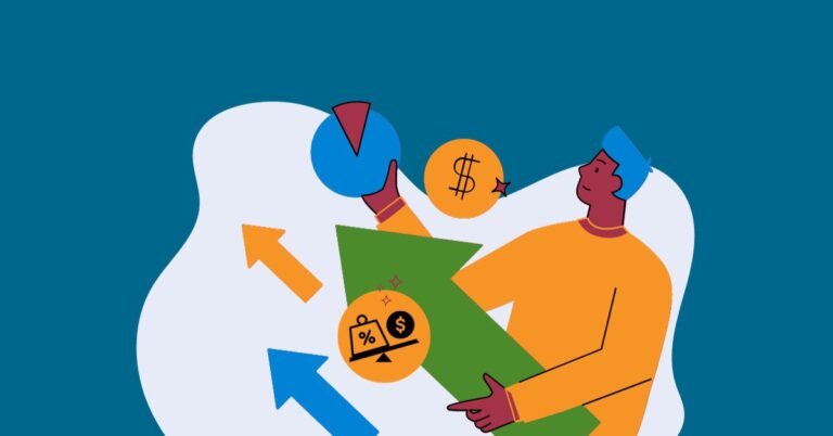 Accountant holds up pie charts and arrows to represent debt-to-equity ratio