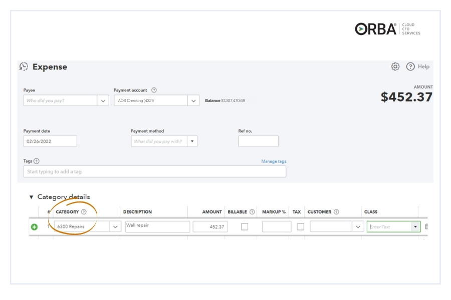 Screenshot of QBO for property management and the category function