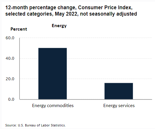 12-Month Percentage Change Chart showing CPI inflation on energy commodities, May 2022