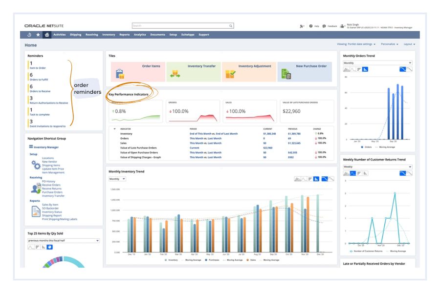 NetSuite's inventory management dashboard noting KPIs and order reminders highlighting the benefits of ERP systems 