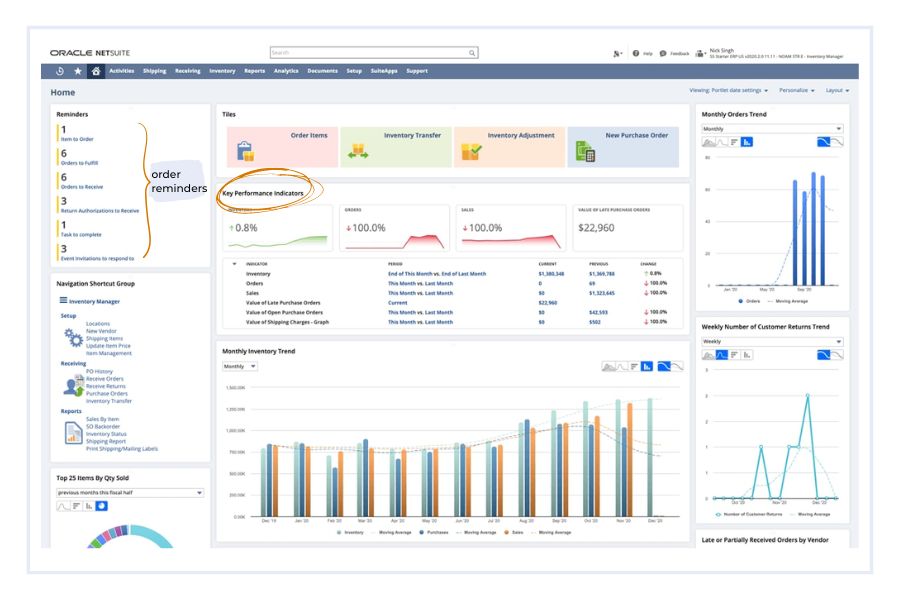 NetSuite inventory management dashboard noting KPIs and order reminders