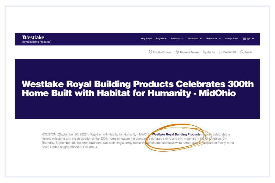 example of how to donate stock to reduce inventory costs and promote your brand. headline reads westlake royal building products celebrates 300th home built with habitat for humanity
