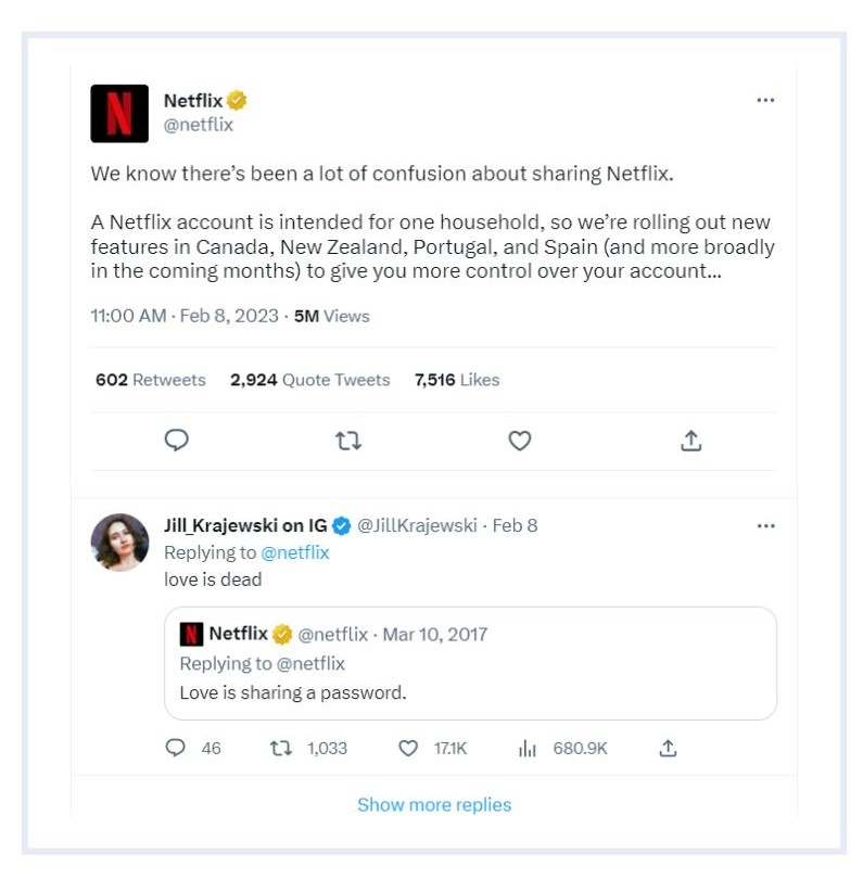 tweet from Netflix explaining 2023 price increase related to password sharing