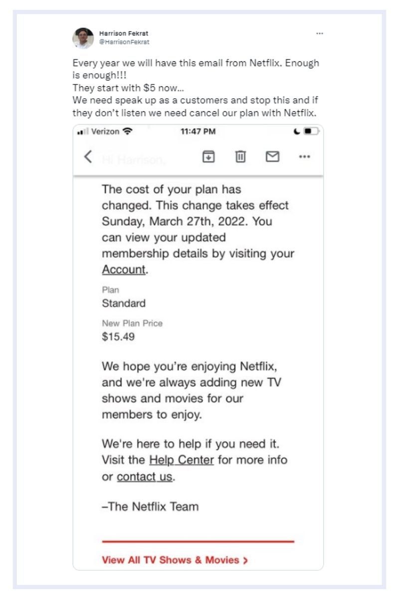 Tweet showing Netflix 2022 price increase letter