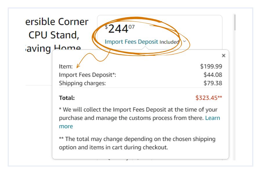 Amazon example of adding landed cost import fees at point of purchase 