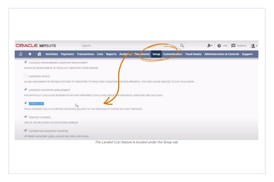 where to find landed cost in NetSuite inventory setup