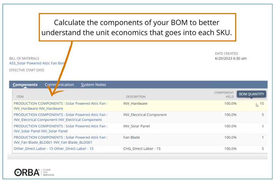 Example of drilling down to the components of BOM in NetSuite ERP