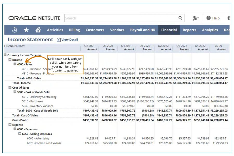 Screenshot of NetSuite Income Statement Example to demonstrate benefits of ERP systems financial reporting