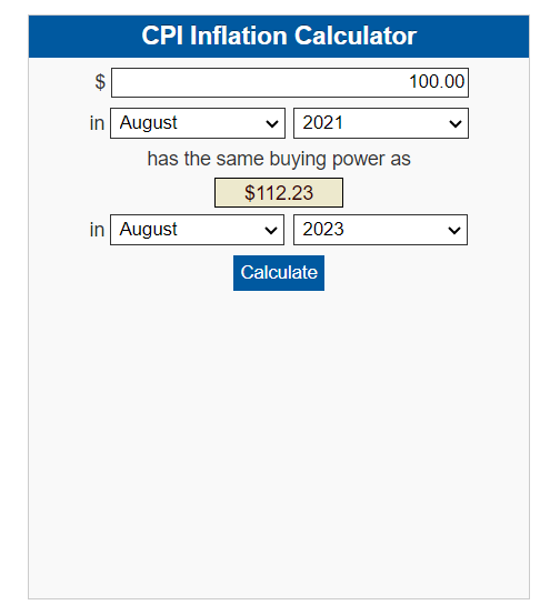 screenshot of CPI Inflation Calculator via BLS comparing August 2021 to August 2023 to prepare for inflation