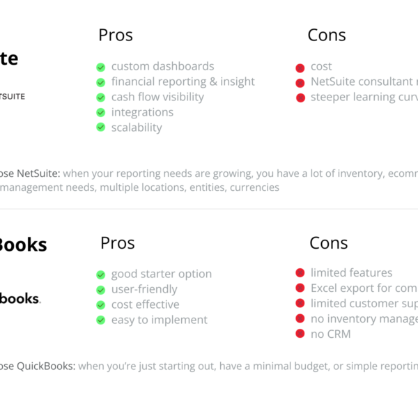 NetSuite vs. QuickBooks pros and cons and when to choose each.