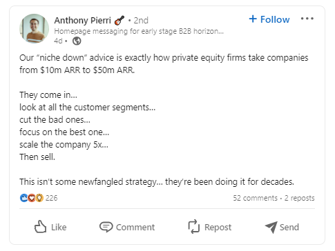 LinkedIn screenshot from Anthony Pierri on why customer segmentation works