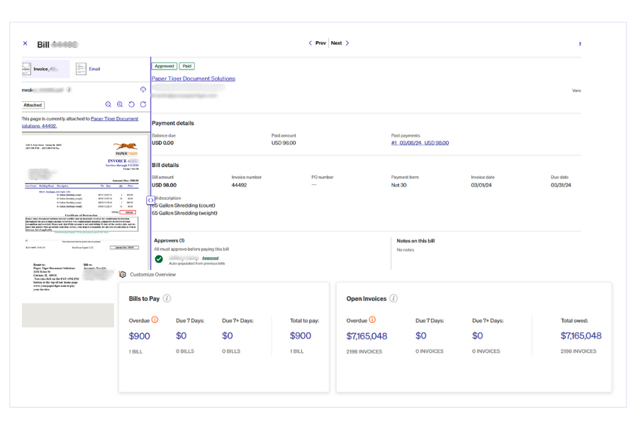 BILL screenshot of AP process to review Invoices and Invoices coming due