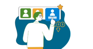 outsourcing staff: person clicks on avatar with star showing arrow pointing down with money
